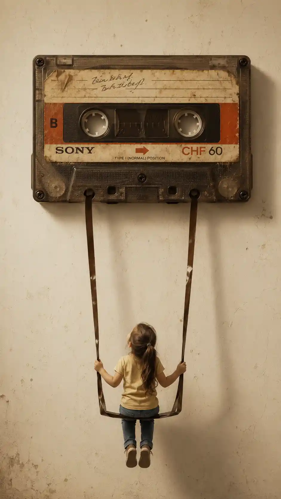 Surreal cassette swing with tiny girl on minimalist wall