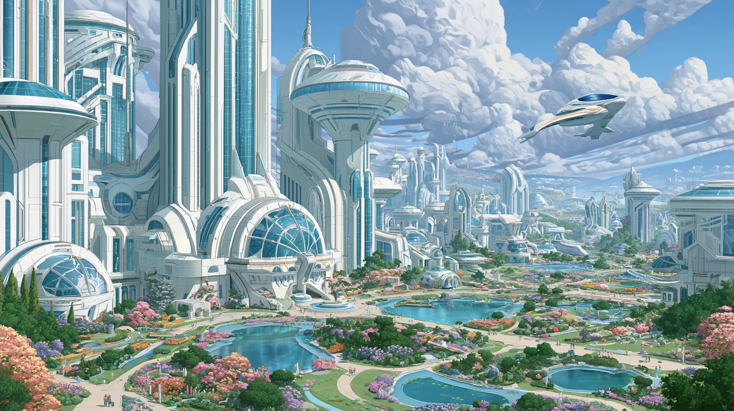 Academia Espacial Futurista con Lagos y Caza Estelar de Entrenamiento