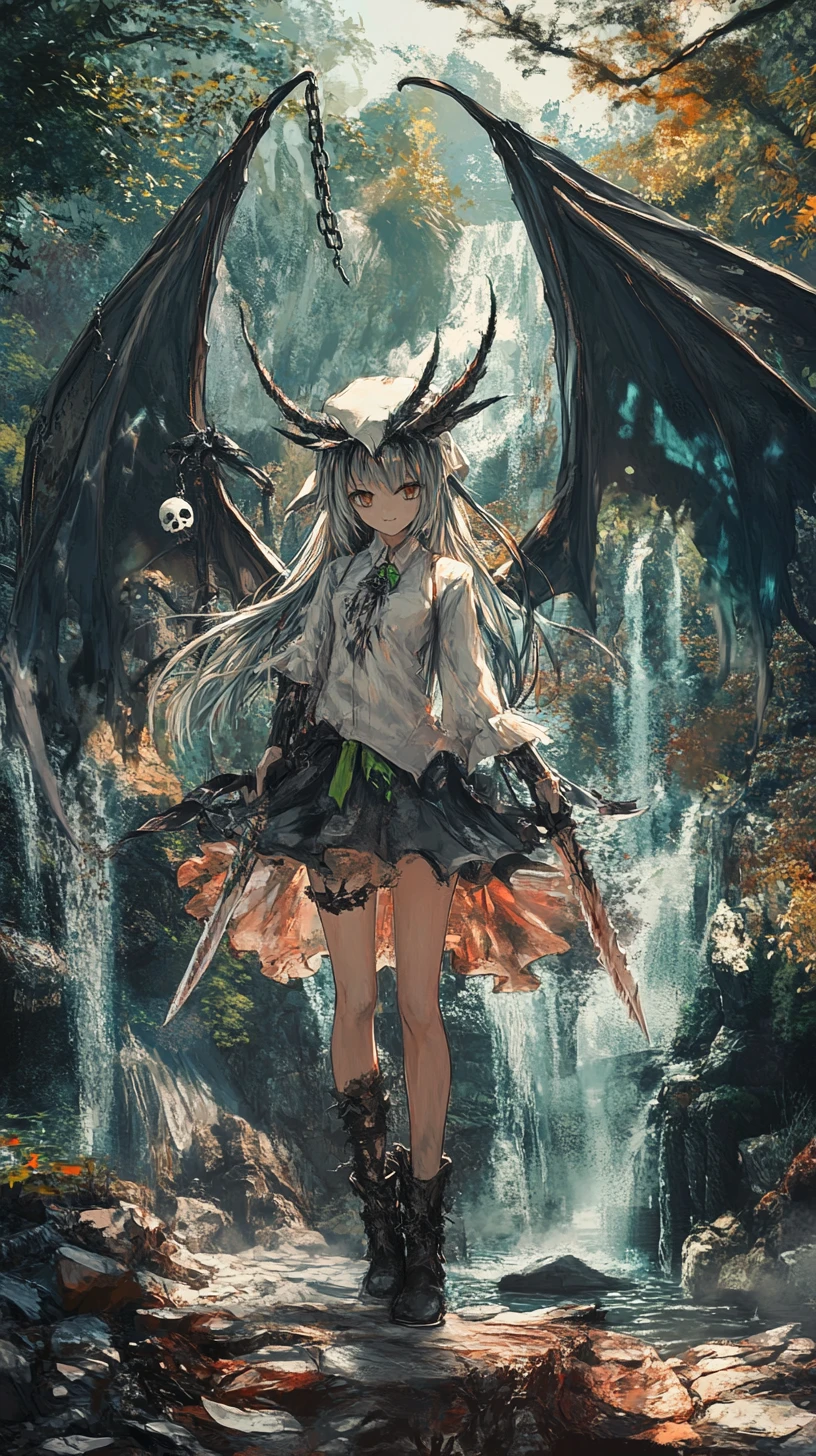 Dragon winged girl with sword by a rainbow waterfall