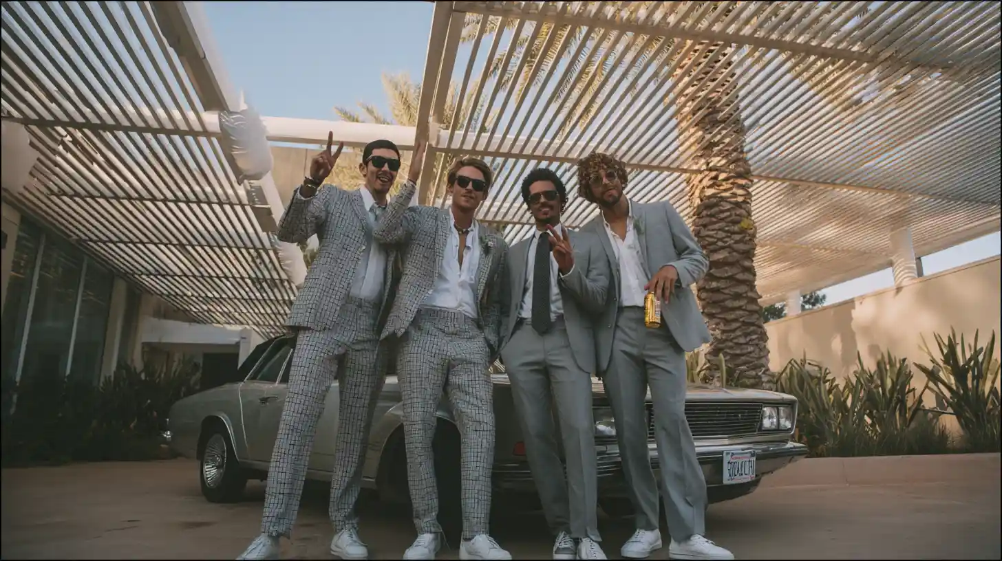 Four men in gray suits posing with luxury car