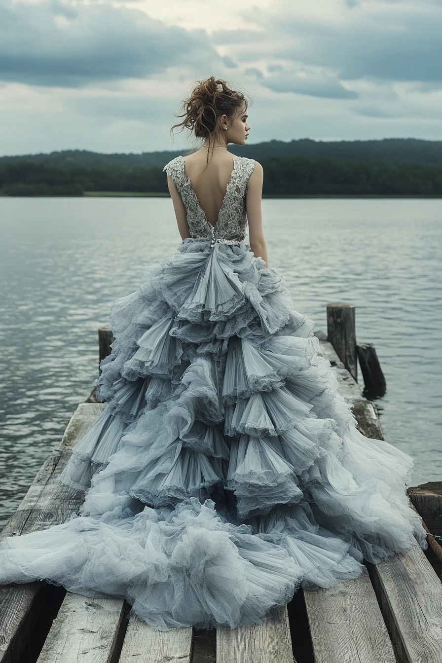 Woman in ruffled evening gown on pier by tranquil lake