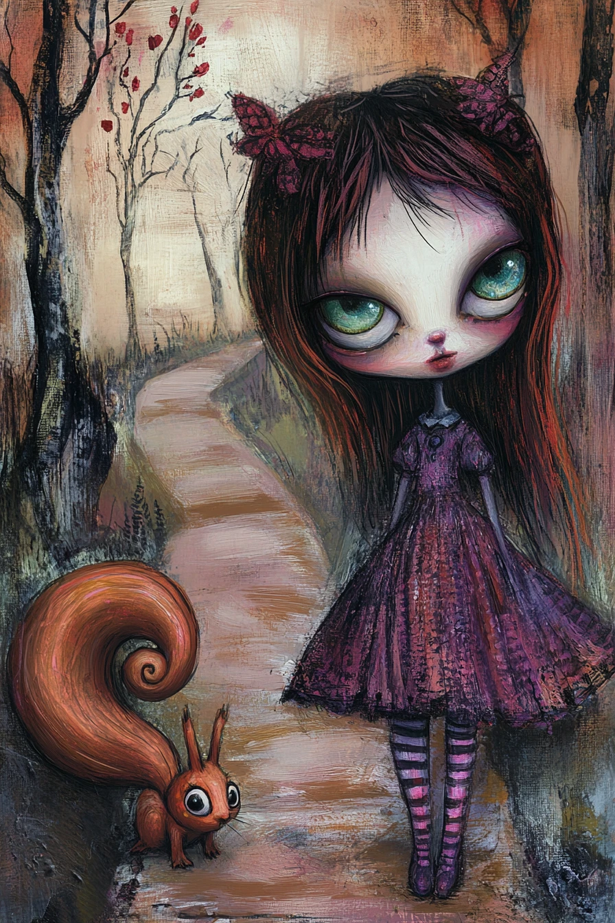 Girl with green eyes walking a path beside a snail