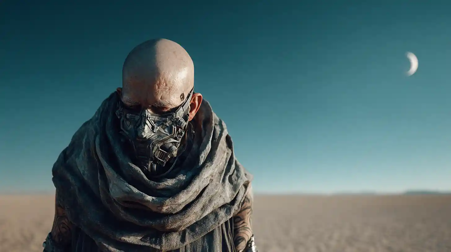 Bald masked man standing alone in a dark desert