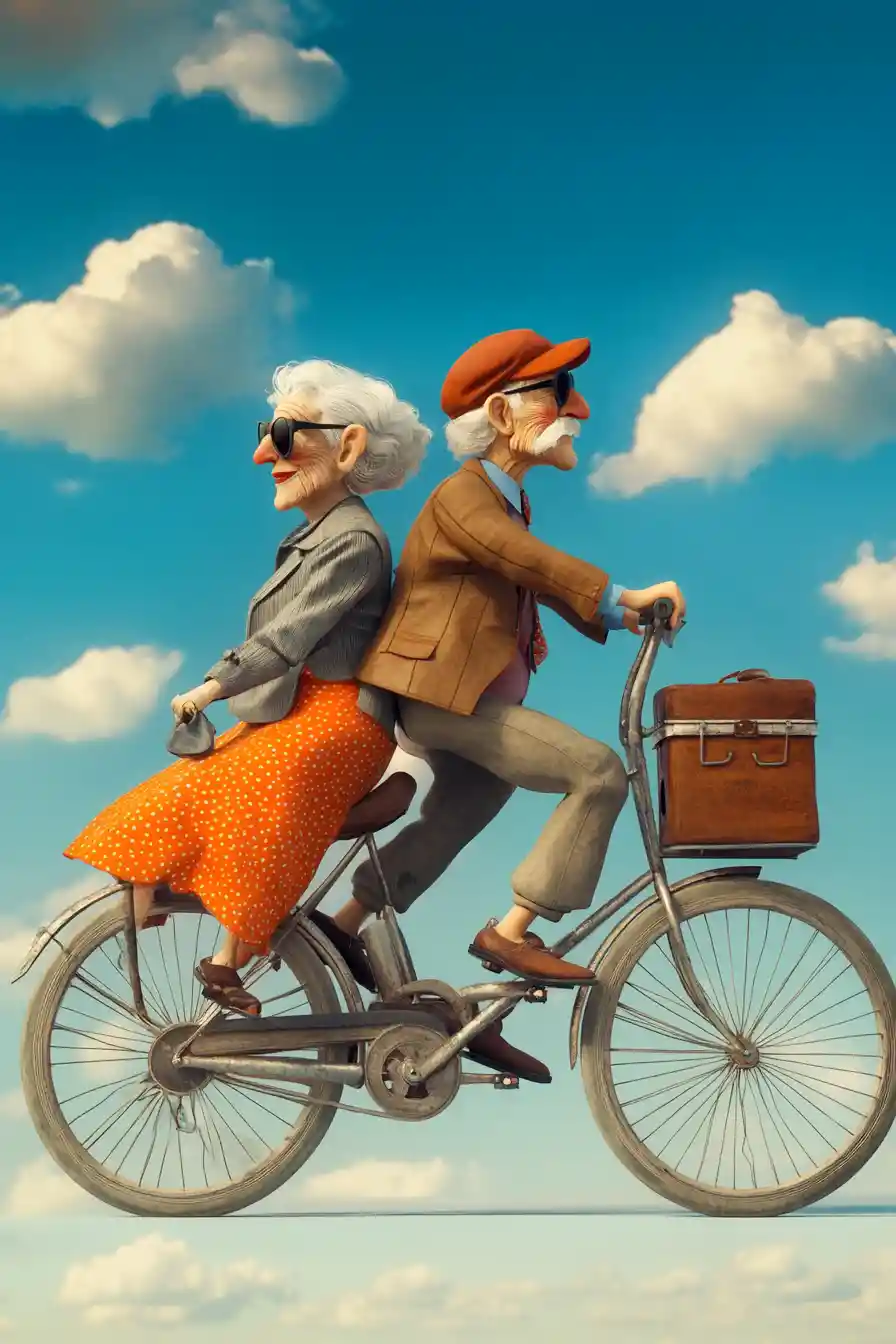 Elderly couple riding tandem bicycle under bright blue sky