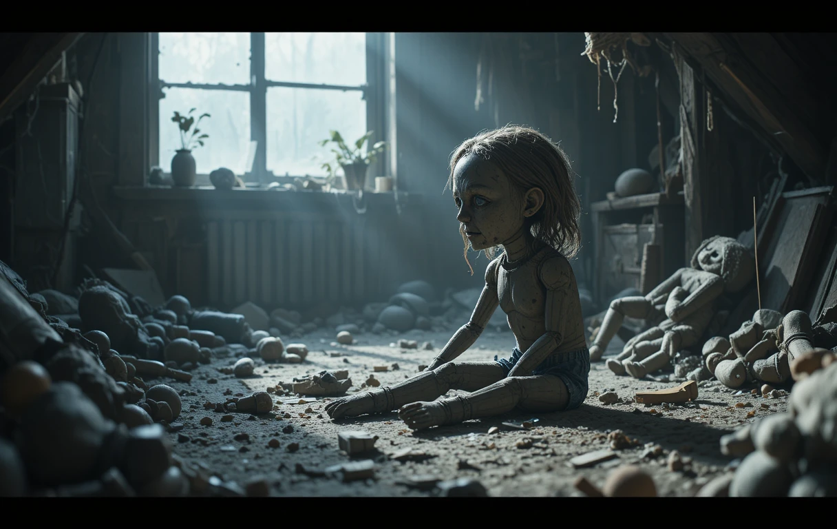 Lonely puppet in a dusty attic with haunting window light