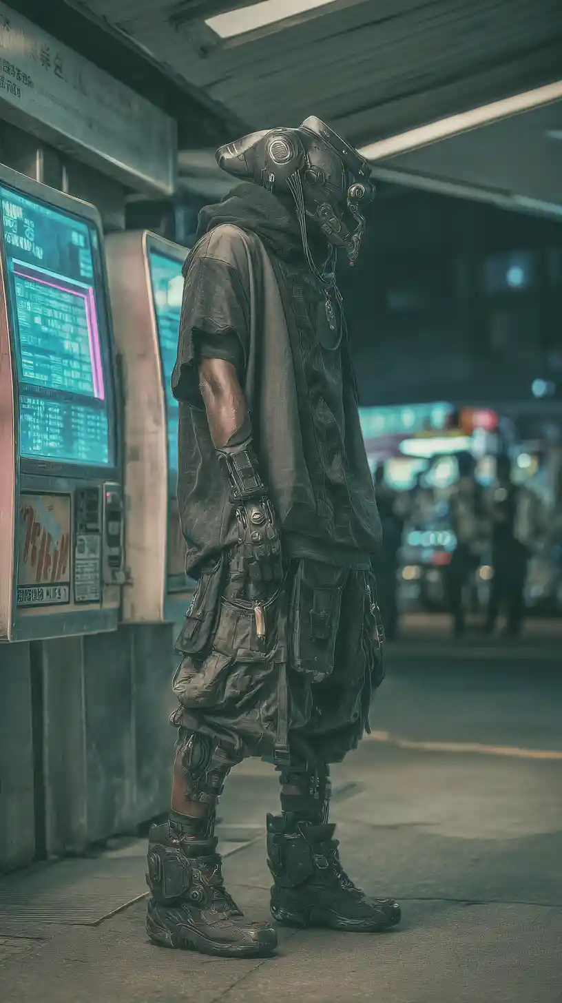 Mulher cyberpunk mascarada em rua neon de Tóquio