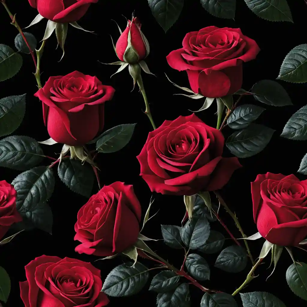 Velvety red roses glowing against a deep black background