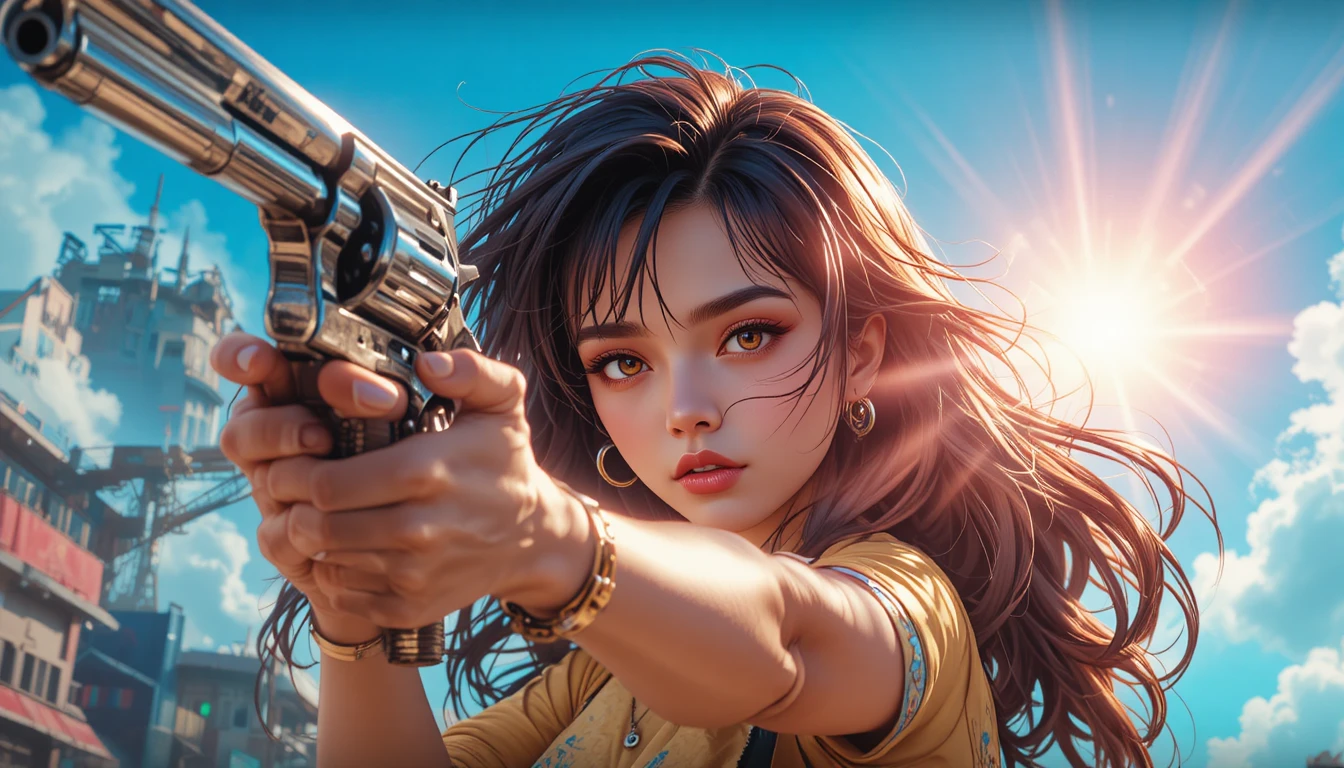 Anime heroine close up aiming a revolver against blue sky