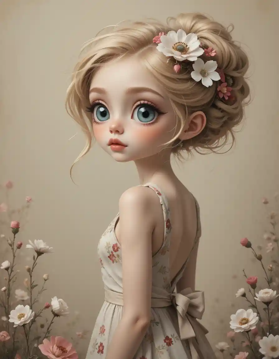 Whimsical girl with crystal eyes and floral blonde updo