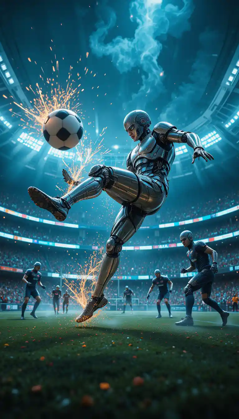 Futuristic android footballer volleying a classic soccer ball