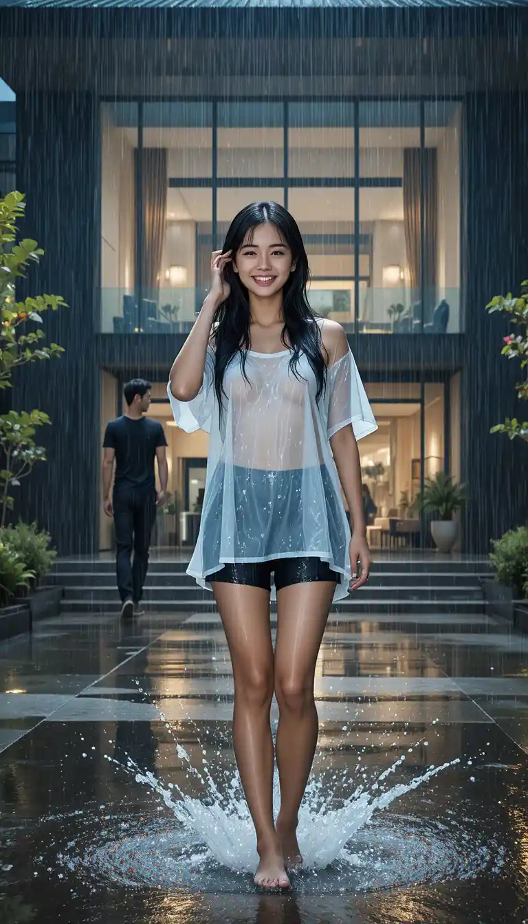 Young woman smiling in heavy rain by glass mansion at night