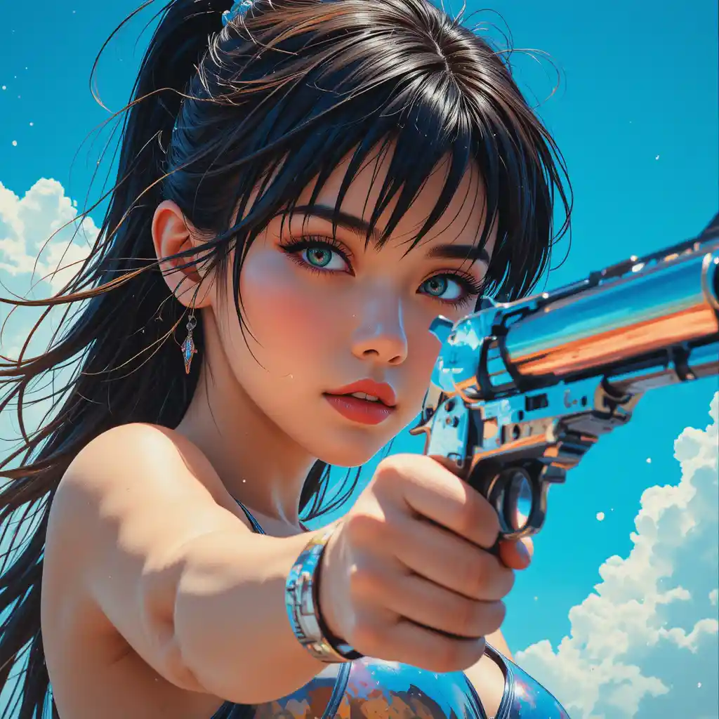Heroína de anime apuntando un revólver bajo un cielo azul brillante
