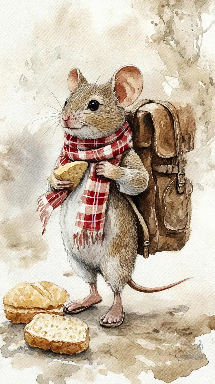 Cute hiking mouse with picnic in watercolor art