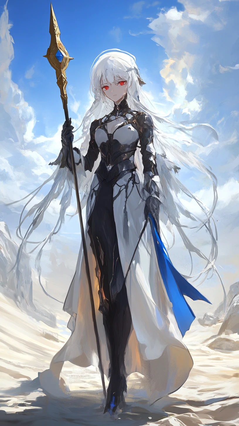 Anime girl angel with spear in a mystical desert