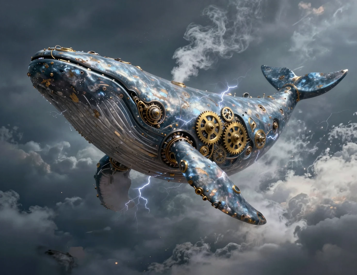 Gigantic Mechanical Whale Airship In Stormy Sky