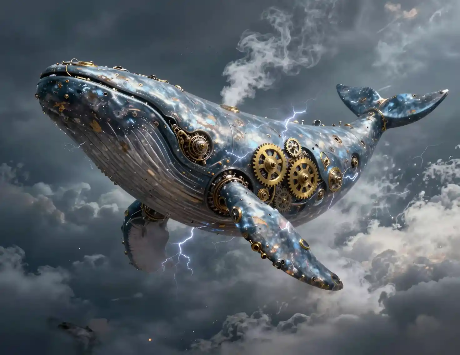 Gigantic Mechanical Whale Airship In Stormy Sky