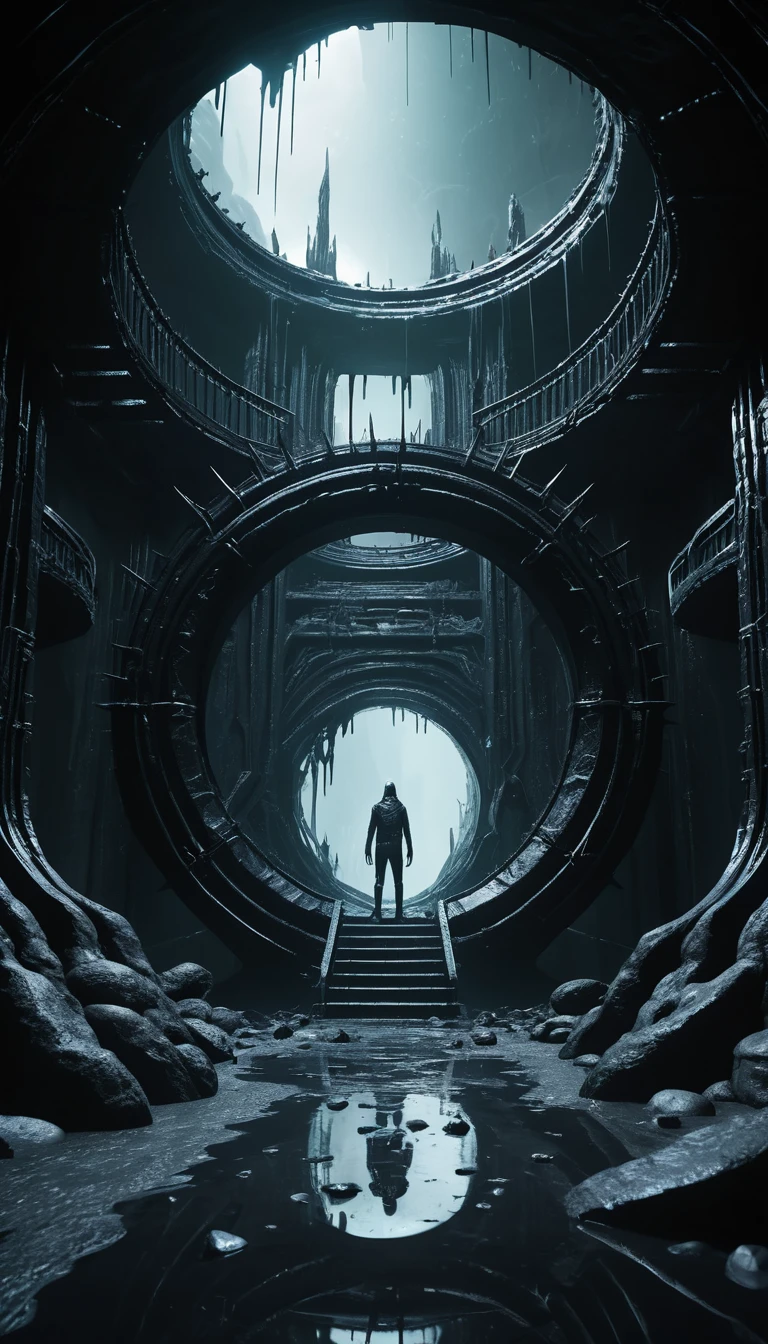 Surreal organic dungeon gateway in a dark alien world