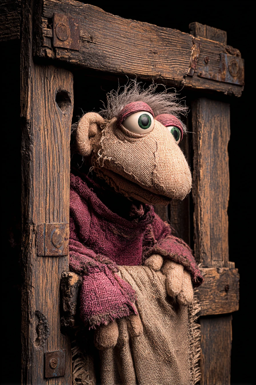 Puppet With Green Eyes Peeking From Dark Wooden Frame