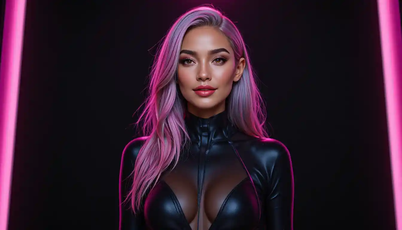 Confident woman in black catsuit under pink backlight