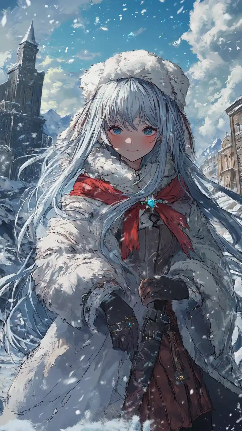 Anime girl in a vast ancient sea colored fantasy city