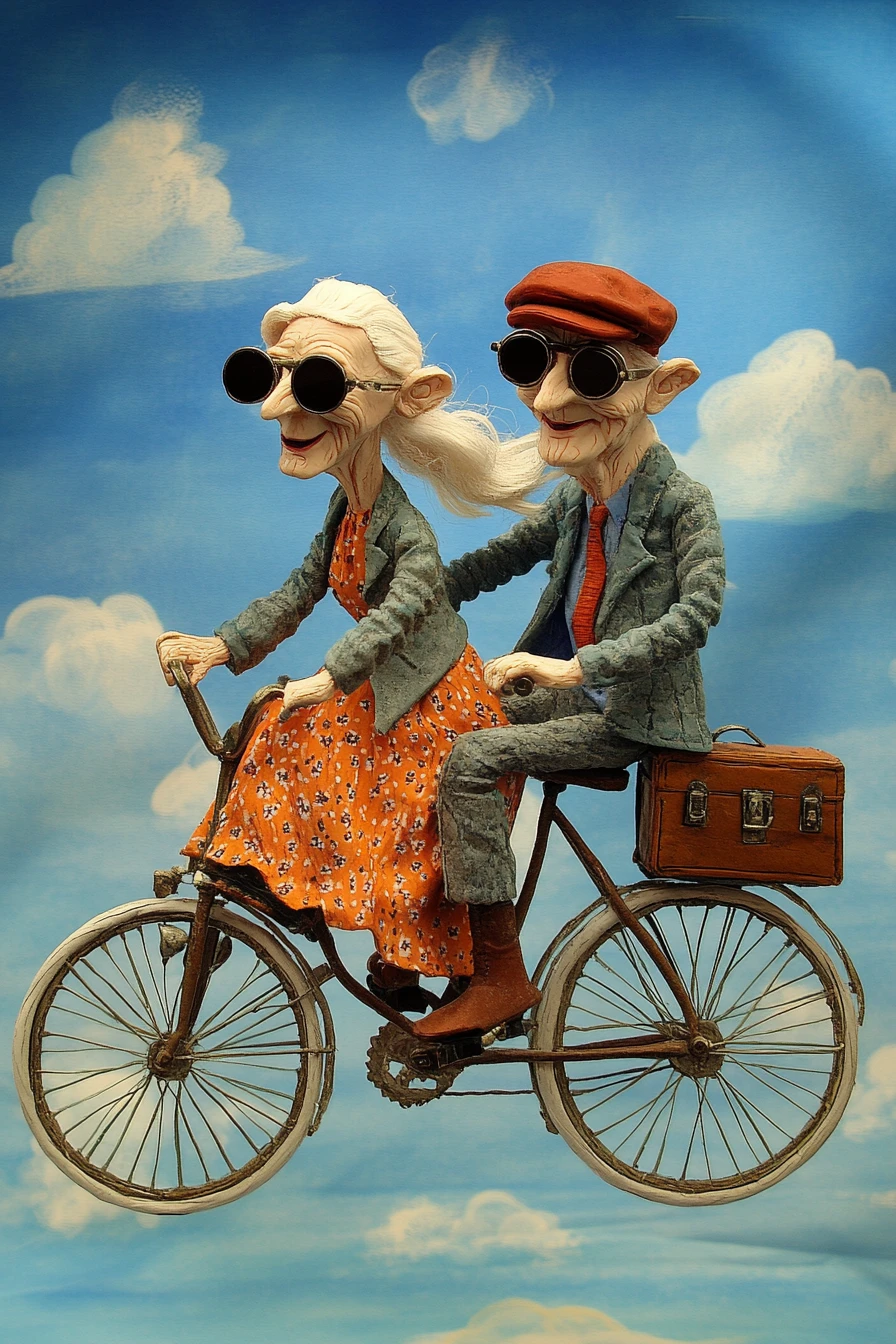 Elderly couple on tandem bicycle under bright blue sky