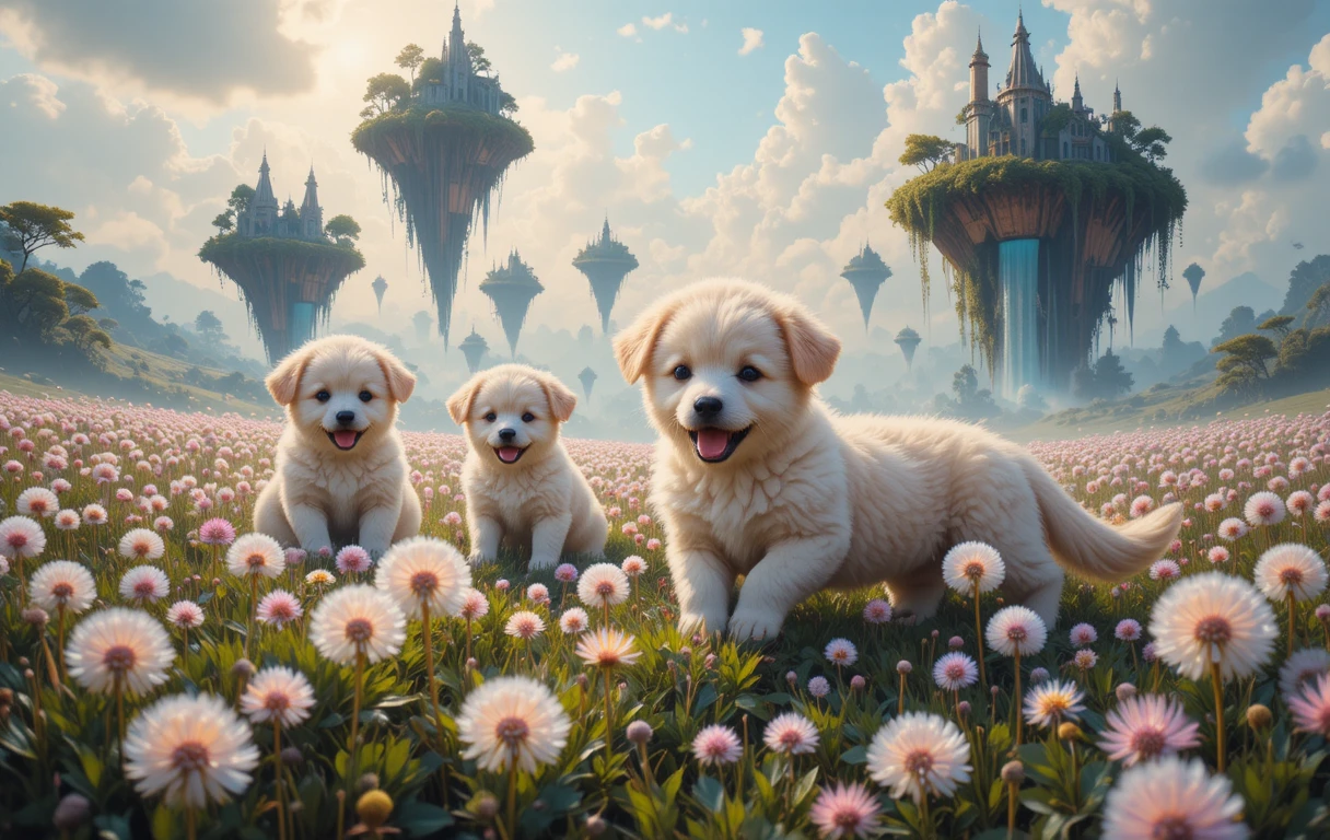 Surreal puppies playing among giant glowing dandelions