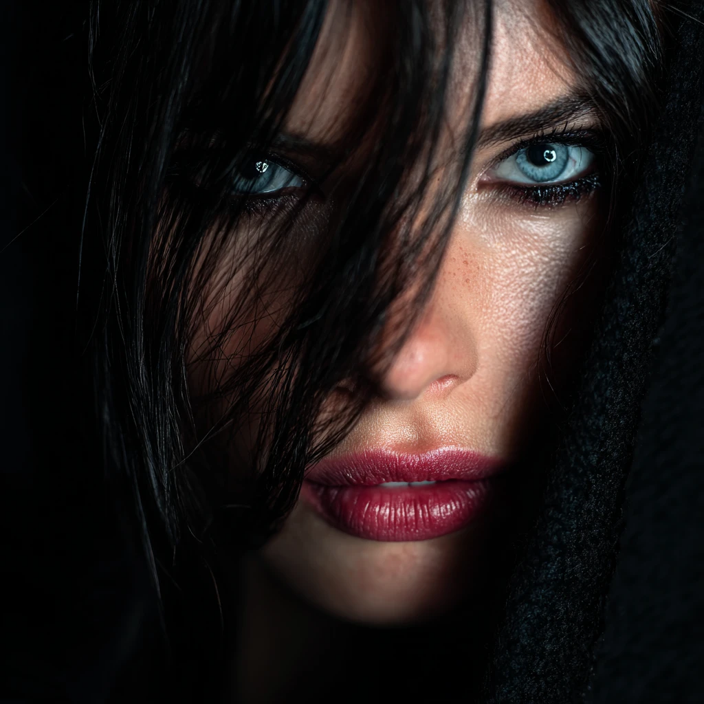 Gothic woman in chiaroscuro with piercing blue eyes