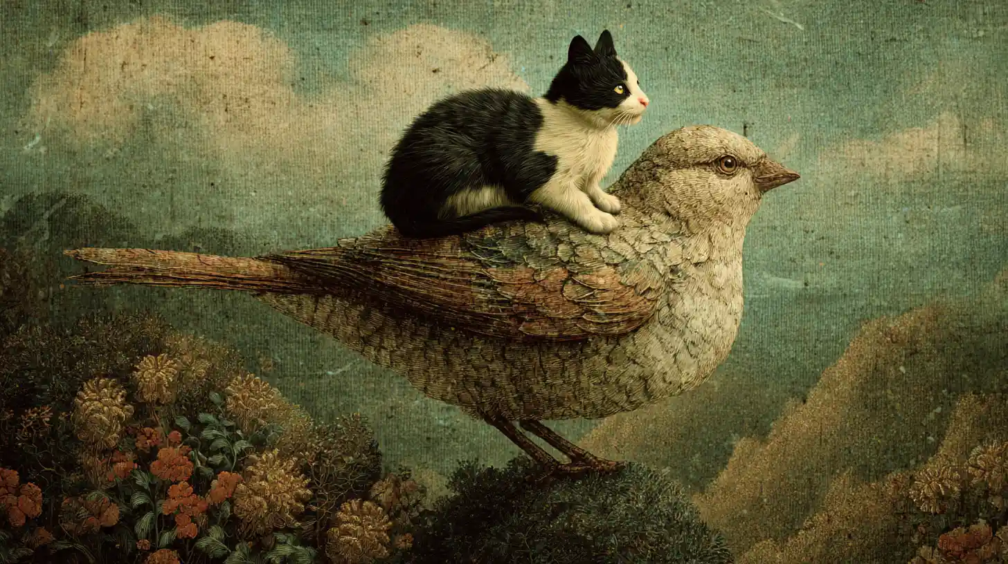 Cat fairy riding a giant sparrow over a summer landscape