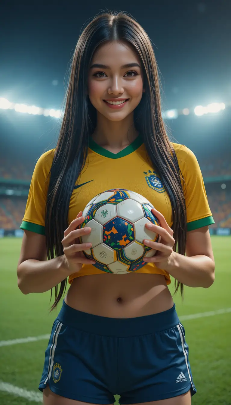 Lächelnde Frau im brasilianischen Fußballtrikot mit WM-Ball