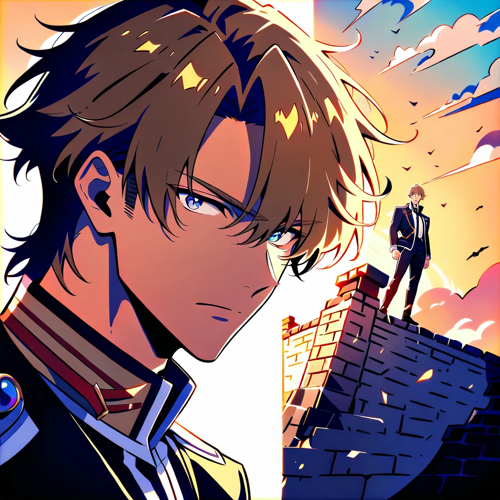 Serious anime young man on ancient wall at sunset