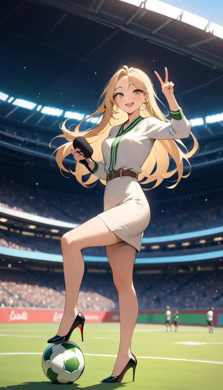 Confident female football reporter posing on stadium sideline