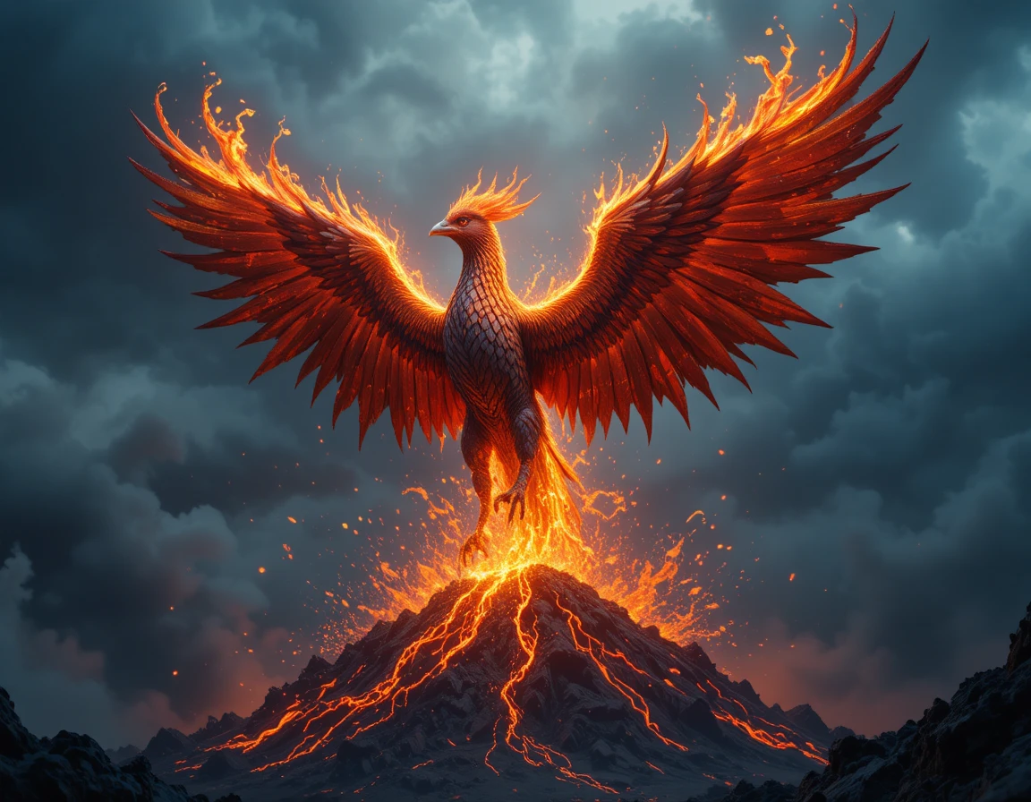 Legendary phoenix rising from an erupting volcanic crater