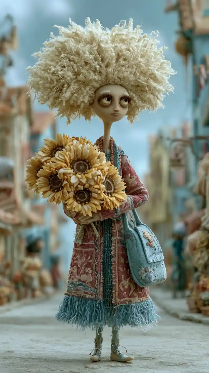 Felt stop motion girl hugging giant sunflowers on street