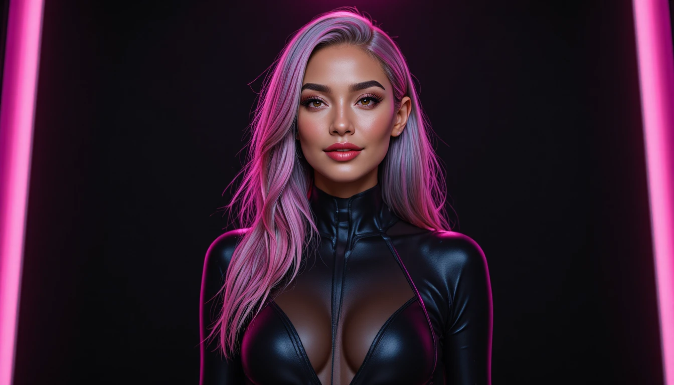 Confident woman in black catsuit under pink backlight