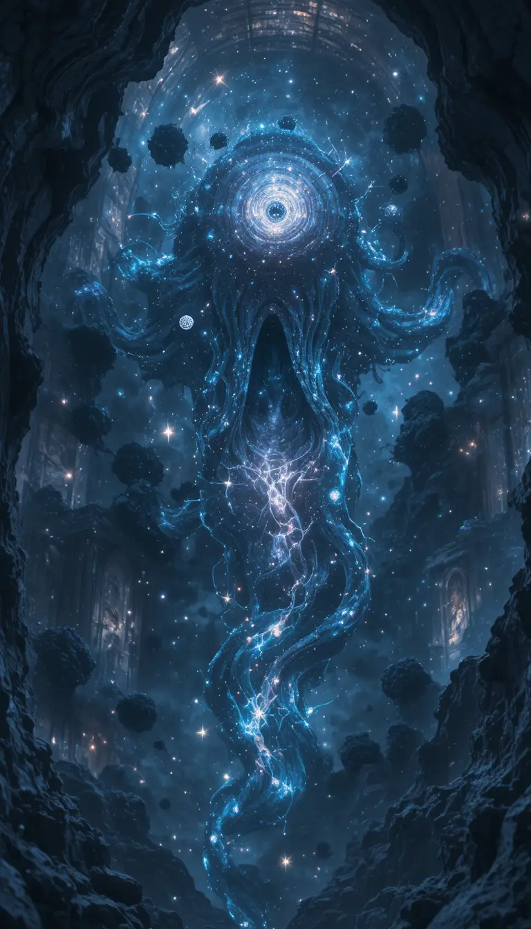 Ancient cosmic beings forming galaxies in endless space