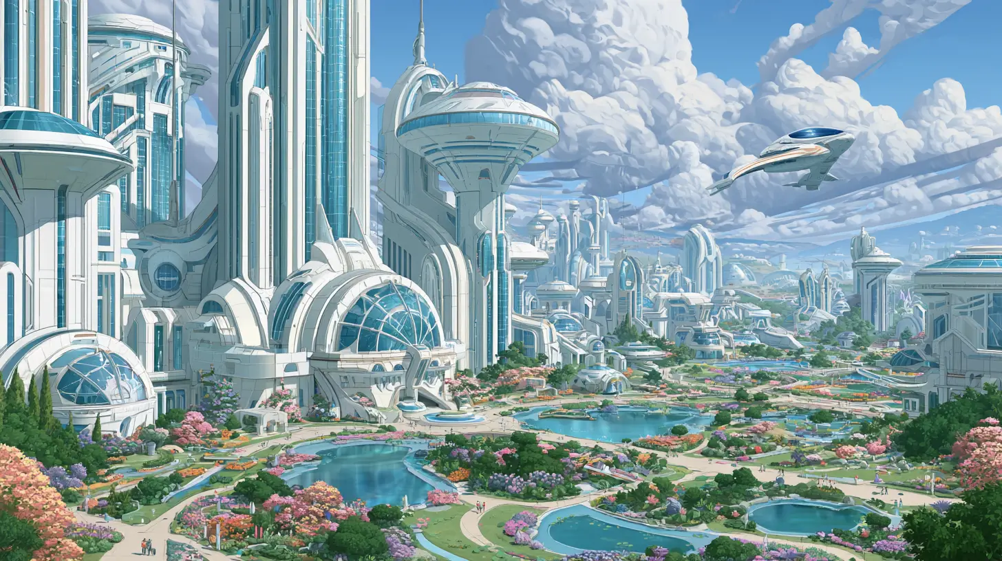 Futuristic Space Academy With Lakes And Training Starfighter