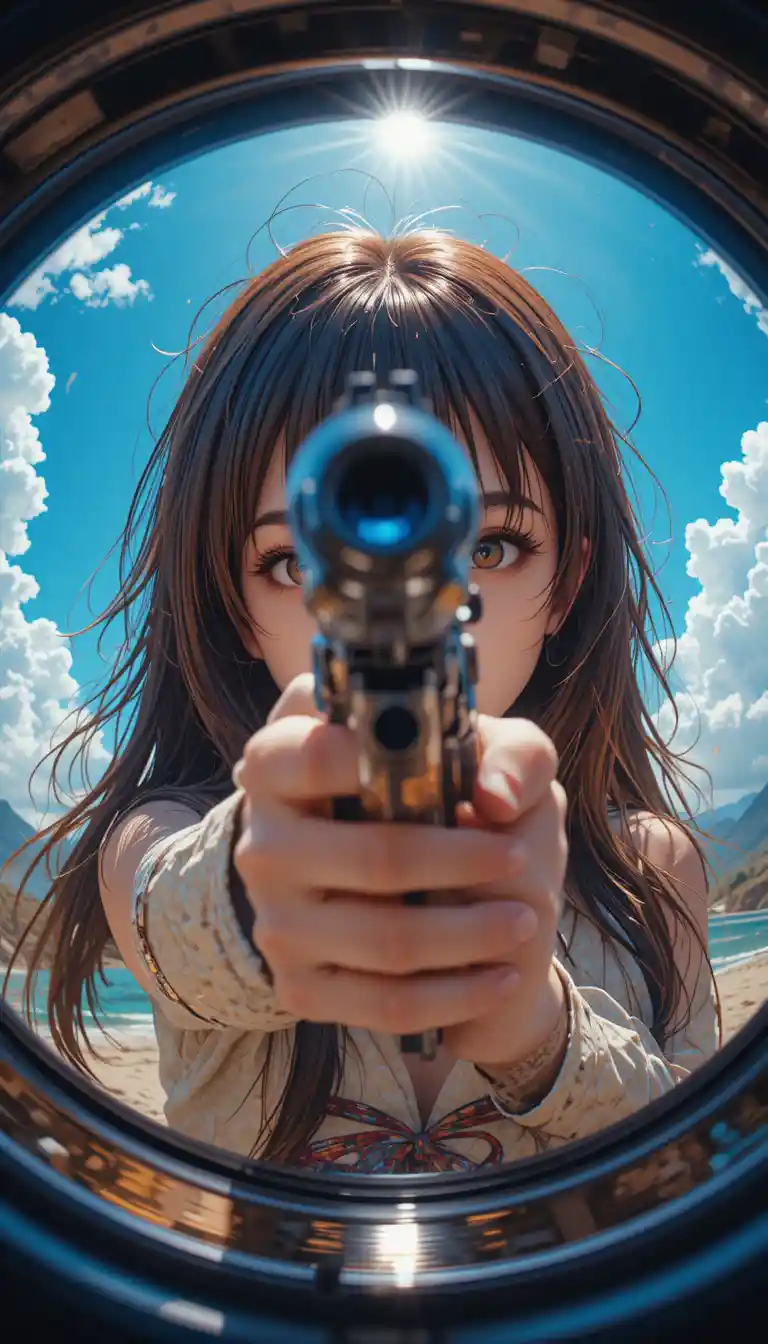 Anime girl aiming a revolver in dramatic fisheye view