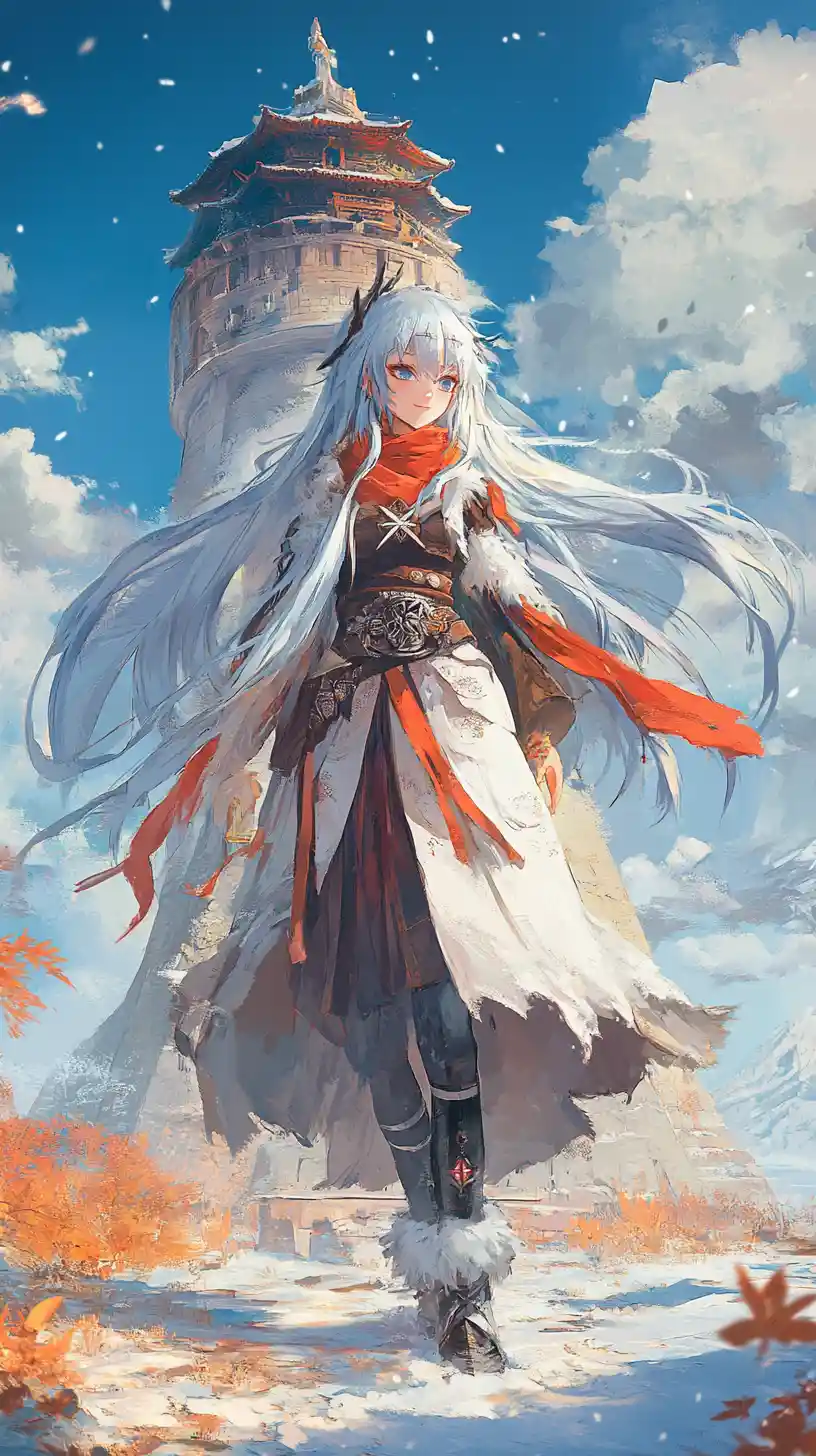 Anime girl in a vast ancient sea colored fantasy city