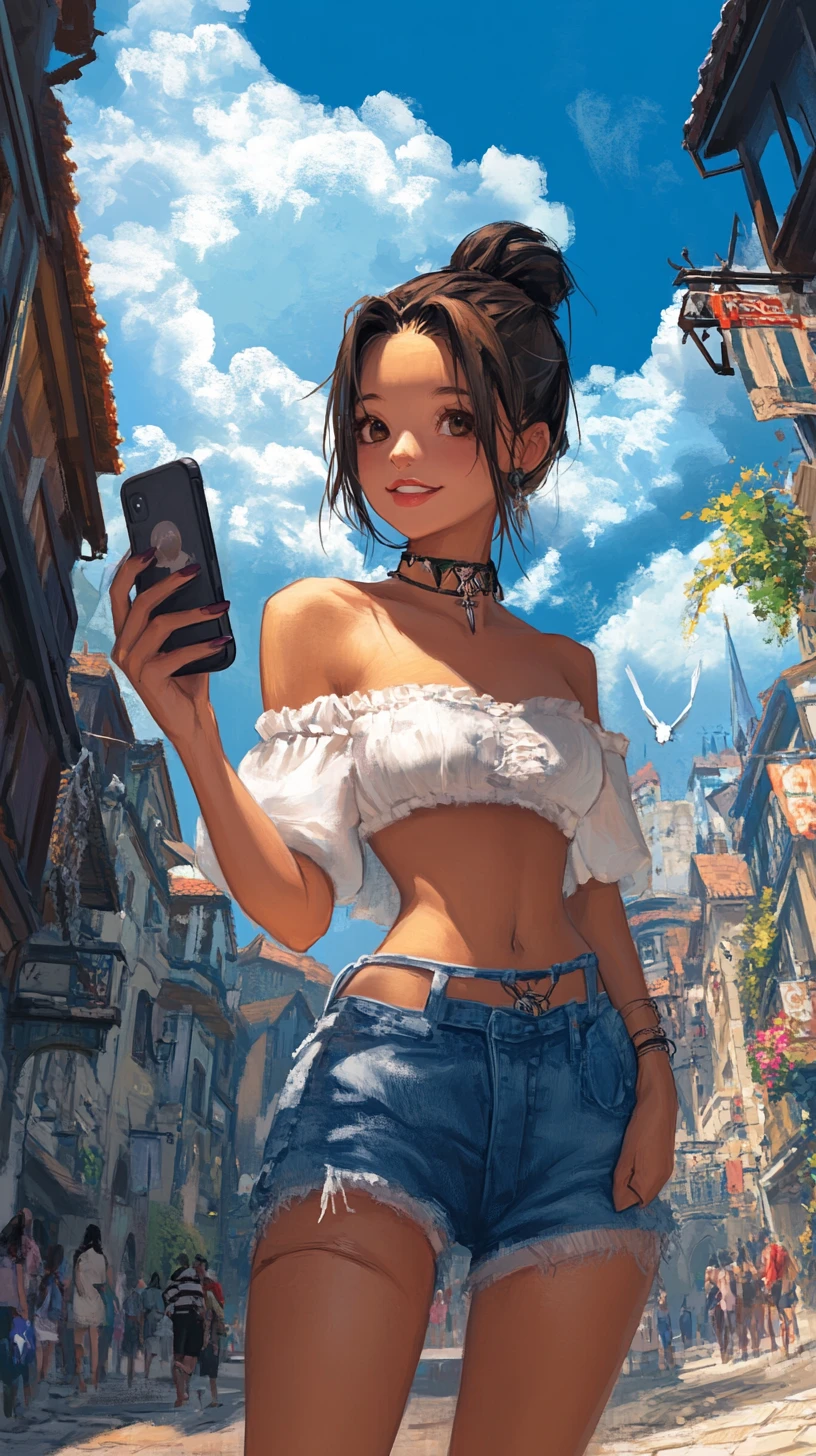 Happy anime girl with phone in medieval town street