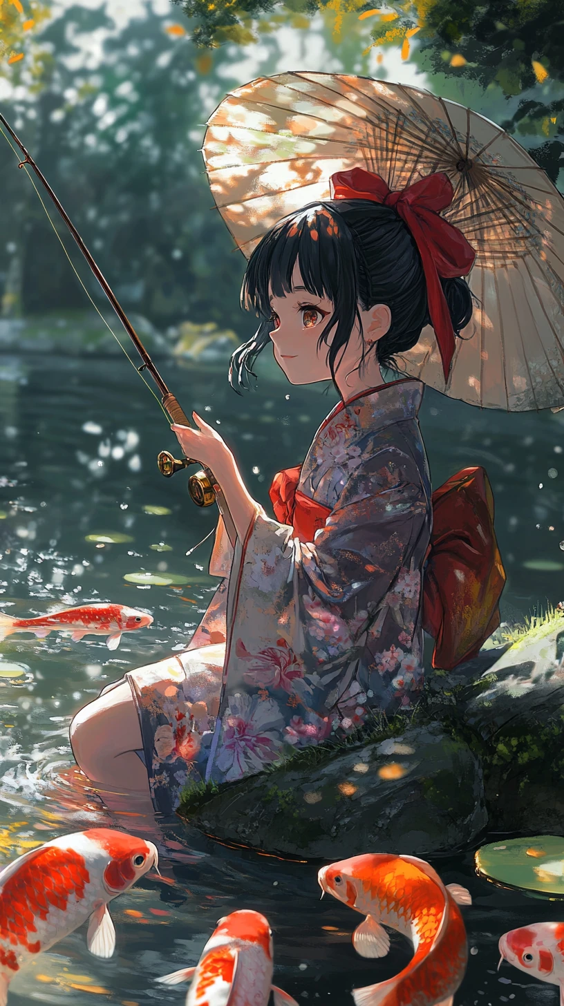 Anime girl in kimono fishing by a tranquil koi pond