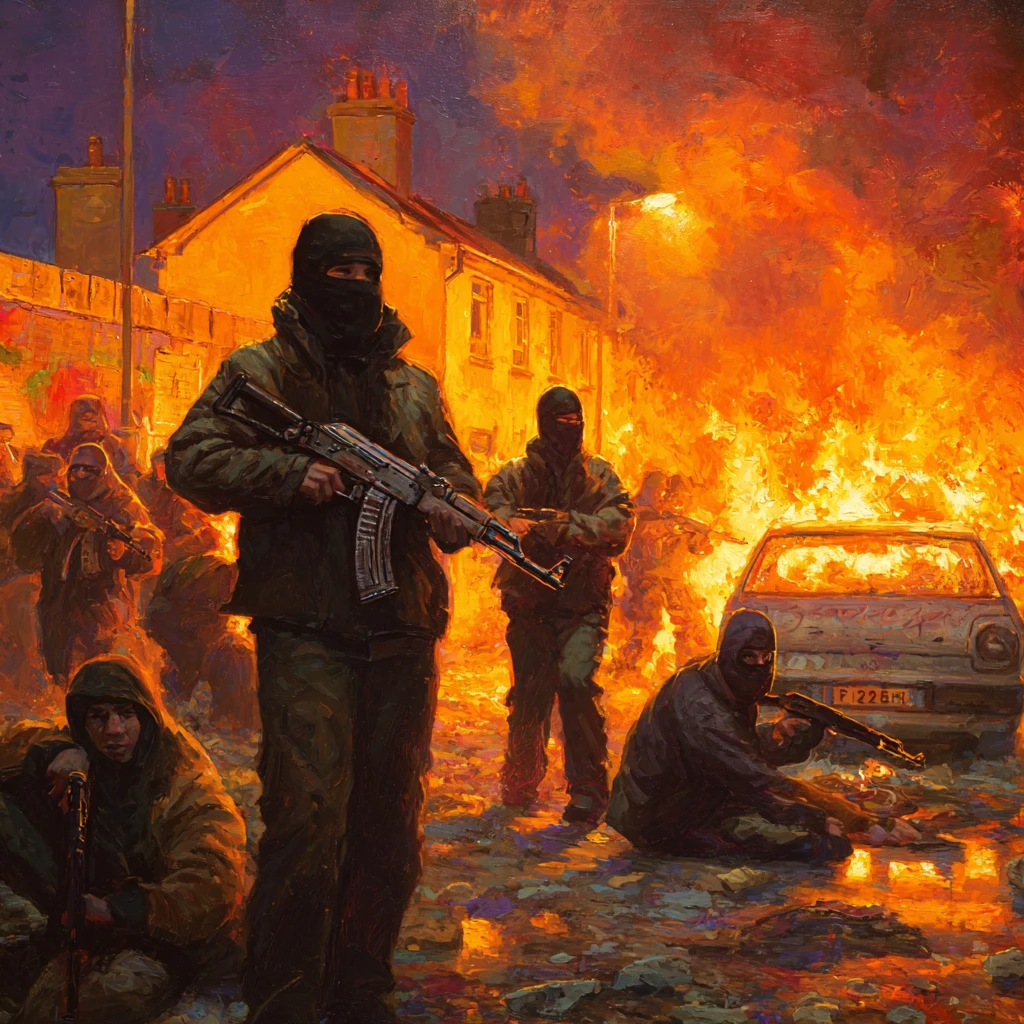 Armed soldiers confront masked bank robbers on city street