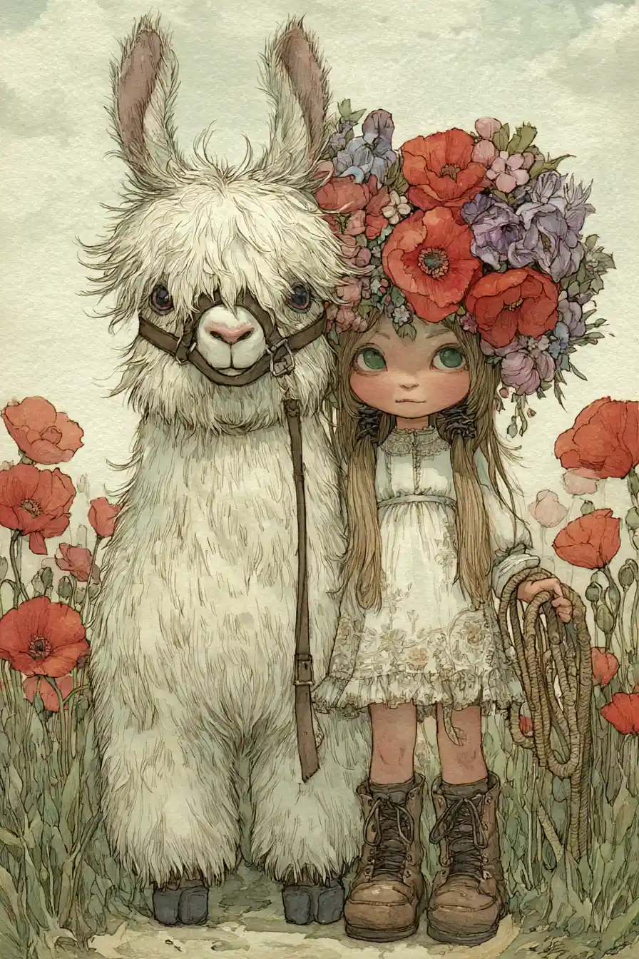Girl with floral crown and white creature in poppy field