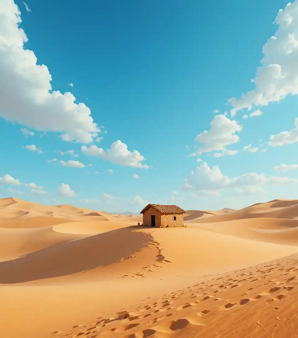 Lonely mud hut in vast golden desert under blue sky