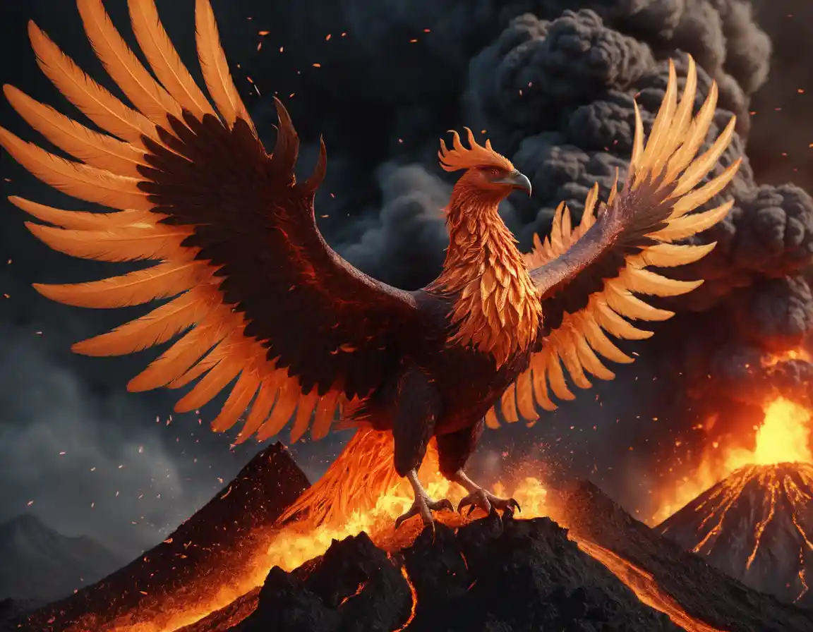 Legendary phoenix rising from a fiery erupting volcano