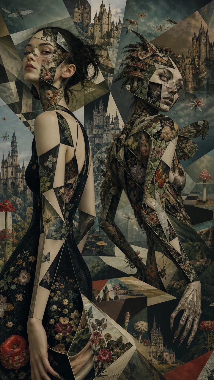 Mujer surreal reflejada con contraparte de criatura fragmentada