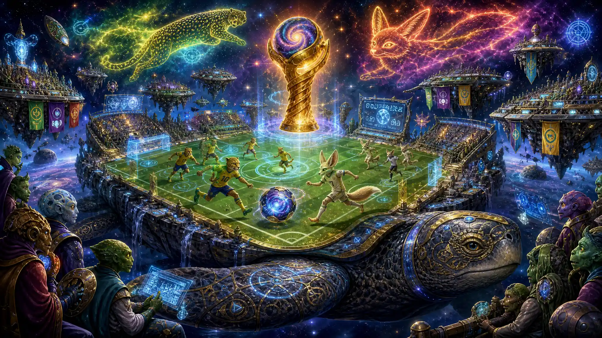 Football stadium on a cosmic turtle drifting through space