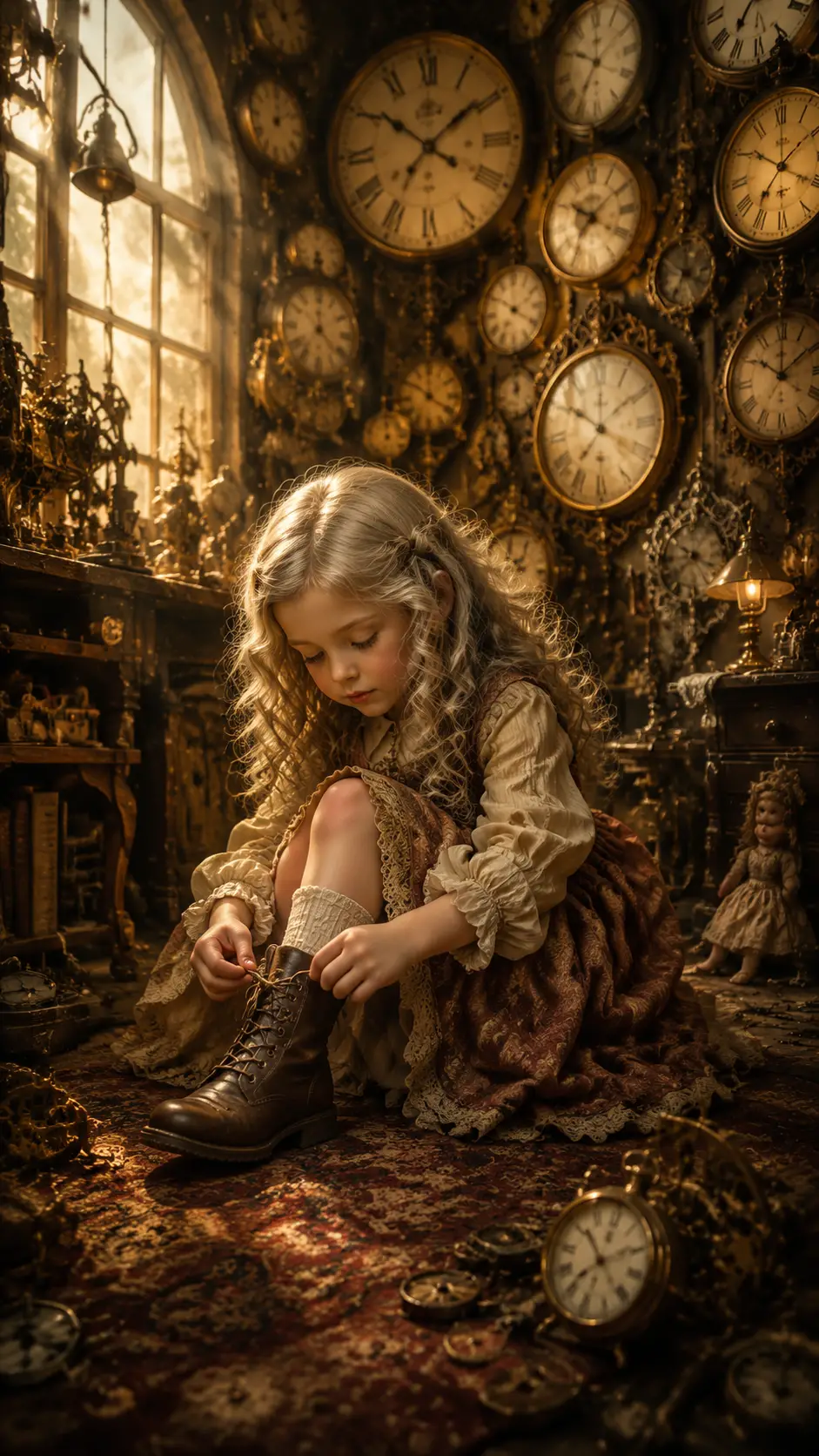 Young girl in antique clock workshop fastening boots