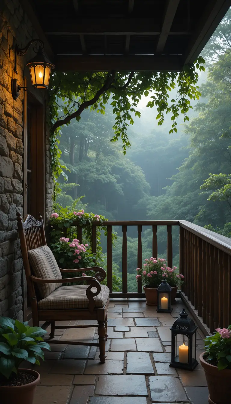 Accogliente balcone rustico con poltrona affacciata su una foresta verde