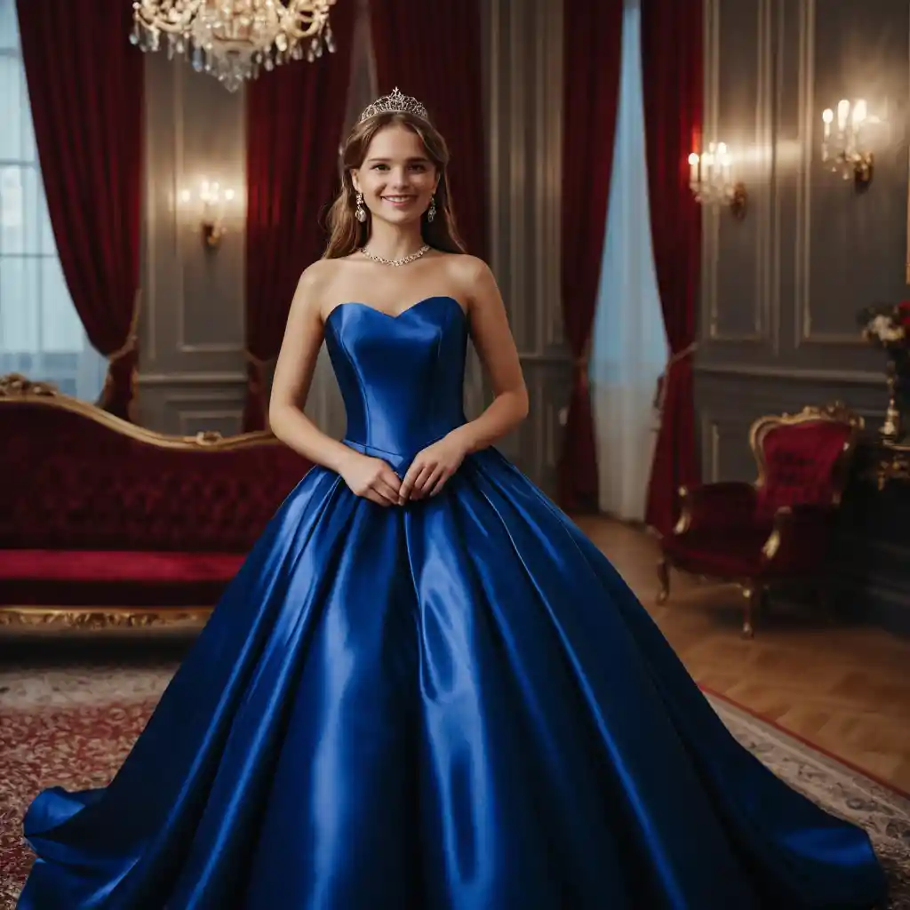 Smiling woman in royal blue satin ballgown in elegant room
