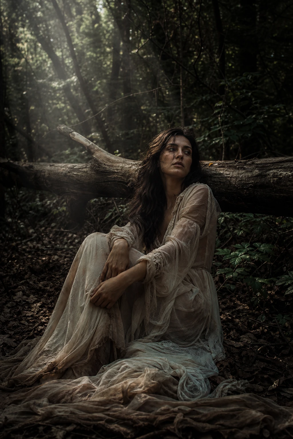 Woman in torn sheer dress resting against a forest log